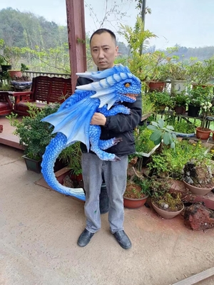 Hand Puppet Simulation Blue Realistic Animatronic Dinosaur Baby With Wings
